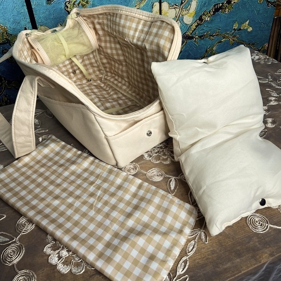 Small pet carrier by Fluffy Baby. Cream colored, linen w/ removable cushion.  - Picture 3 of 10